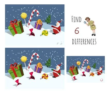 Find 7 differences. Game for children. Cartoon Santa, gifts and candy Stock Illustration