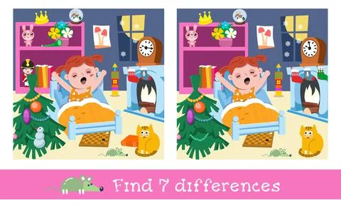 Find 7 differences. Game for children. Christmas night with cute girl in room Stock Illustration