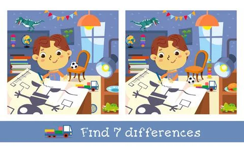 Find 7 differences. Game for children. Cute boy draws models of robot. Hand Stock Illustration