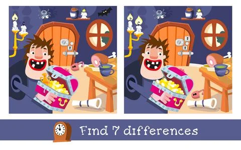 Find 7 differences. Game for children. Funny giant with chest and gold. Cartoon  스톡 일러스트