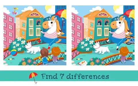 Find 7 differences. Game for children. Vector color illustration. Horse with dog Stock Illustration