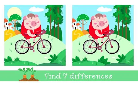 Find 7 differences. Game for children. Laughing cute pig on bike.  Activity, vec Illustrazione stock