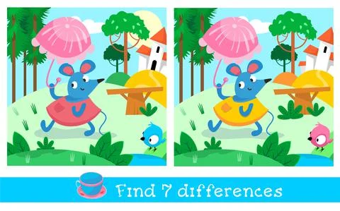Find 7 differences. Game for children. Activity, vector illustration. Cute mouse Illustrazione stock
