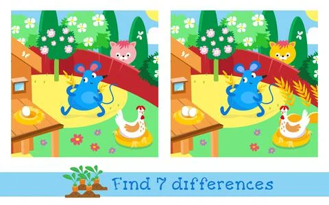 Find 7 differences. Game for children. Activity, vector illustration. Cute mouse Illustrazione stock