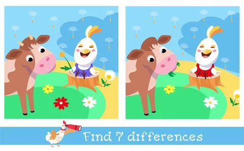 Find 7 differences. Game for children. Activity, vector illustration. Cute calf  Stock Illustration