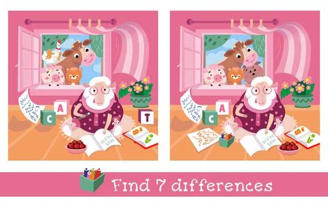 Find 7 differences. Game for children. Activity, vector illustration. Cute sheep Illustrazione stock