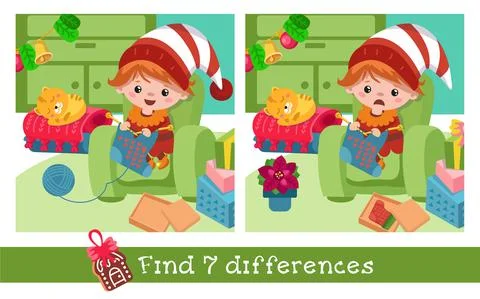 Find 7 differences. Game for children. Cute gnome knits sock, character in 스톡 일러스트