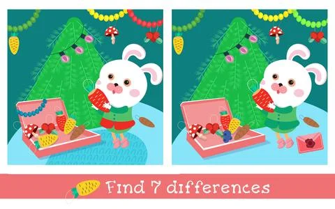 Find 7 differences. Game for children. Cute bunny in dress decorates Christmas t Stock Illustration