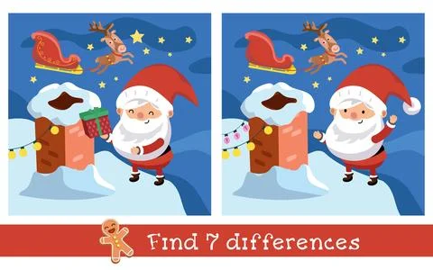 Find 7 differences. Game for children. Cute Santa Claus with gift near brick chi Illustrazione stock