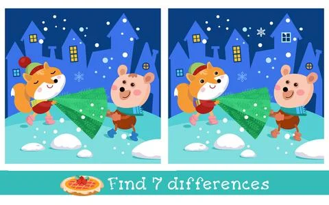 Find 7 differences. Game for children. Сute bear and fox carry Christmas tree. C Stock Illustration