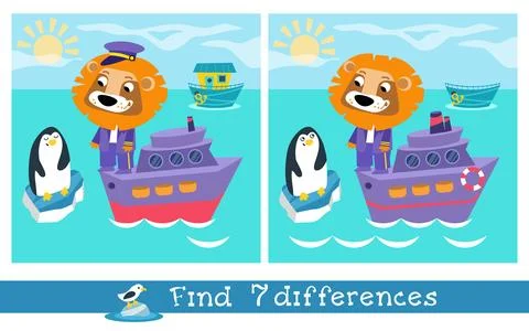 Find 7 differences. Game for children. Card with cute cartoon style characters 스톡 일러스트