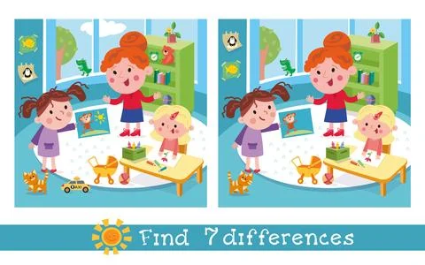 Find 7 differences. Game for children. Cute girls in kindergarten. Cartoon Stock Illustration