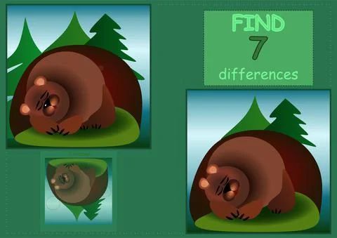 Find 7 differences hibernating bear in a den children's illustration Illustrazione stock
