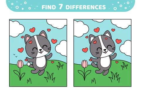 Find 7 differences. Jumping kitten in love. Game for kids. Cartoon, vector Stock Illustration