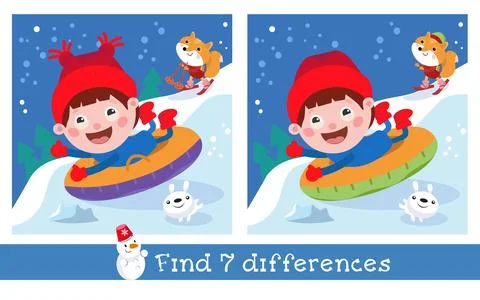 Find 7 Differences. Puzzle game for children. Cute kid rolls down the snow slide Stock Illustration