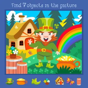 Find 7 hidden objects. Educational game for children. Leprechaun with shamrock.  Stock Illustration