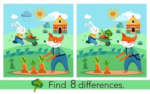 Find 8 differences. Educational puzzle game for children. Cute flat cartoon fox Stock Illustration