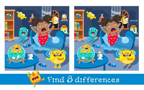 Find 8 differences. Game for children. Little girl and funny monsters. Cartoon Illustrazione stock