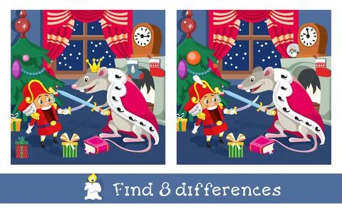 Find 8 differences. Game for children. Nutcracker and Mouse King at Christmas Illustrazione stock