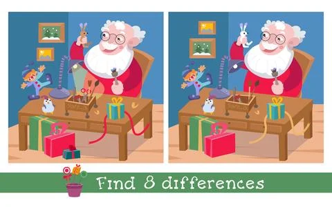 Find 8 differences. Game for children. Cute Santa Claus makes gifts. Christmas Stock Illustration