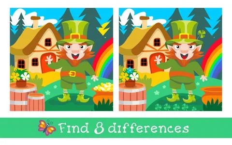 Find 8 differences. Game worksheet for children. Leprechaun with shamrock. Carto 스톡 일러스트