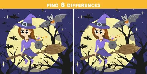 Find 8 differences. Witch on broom. Halloween game. Flat, cartoon, vector Illustrazione stock