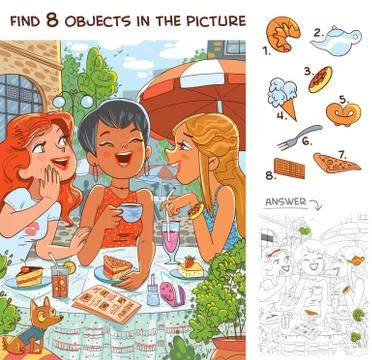 Find 8 objects in the picture. Cute girlfriends talking in a cafe Illustrazione stock
