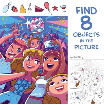 Find 8 objects in the picture. Young people take a selfie at a disco party Illustrazione stock