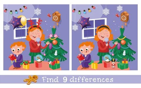 Find 9 differences. Educational puzzle game for children. Cute boy and girl in Stock Illustration