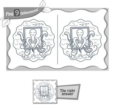 Find 9 differences game  2 octopus Stock Illustration