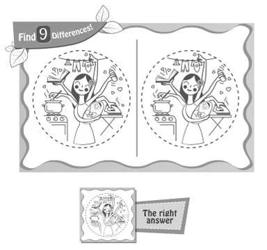 Find 9 differences game black mother Stock Illustration