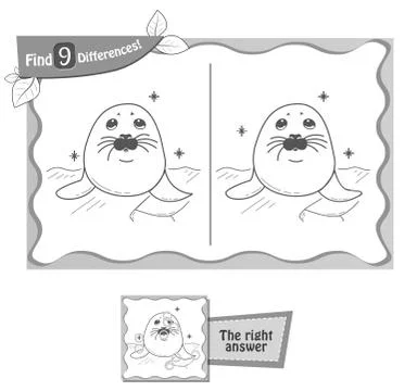 Find 9 differences game black seal Stock Illustration