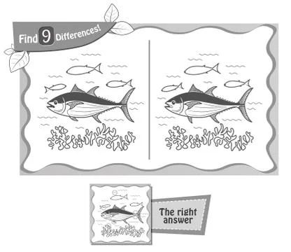 Find 9 differences game black tuna Stock Illustration