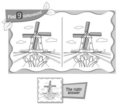 Find 9 differences game black windmill Stock Illustration