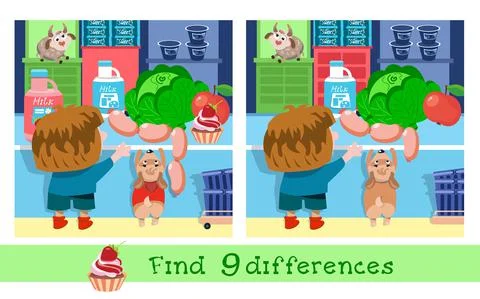 Find 9 differences. Game for children. Vector color illustration. Cartoon 스톡 일러스트