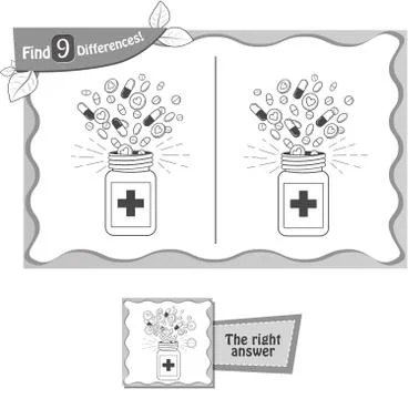 Find 9 differences game medicine black Stock Illustration