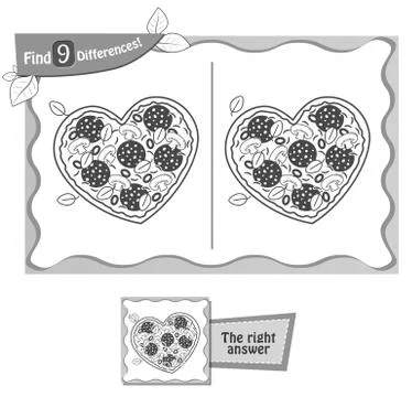Find 9 differences game pizza heart black Stock Illustration