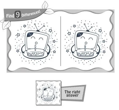 Find 9 differences game TV birthday cake Stock Illustration