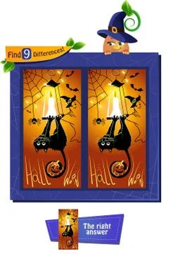 Find 9 differences Halloween black cat Stock Illustration