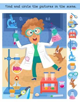 Find and circle 10 hidden objects. Puzzle game for kids. Chemical scientist made Illustrazione stock
