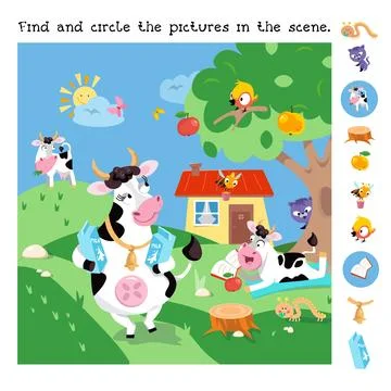 Find and circle hidden objects. Educational game for children. Animals on farm Illustrazione stock