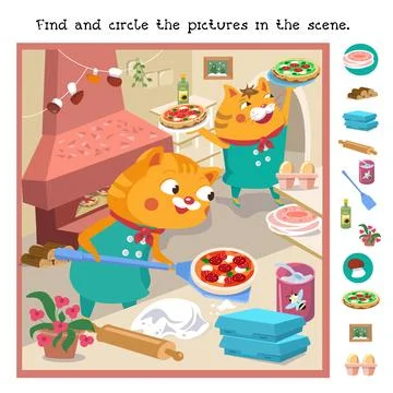 Find and circle hidden objects. Educational game for children. Cute pizzaiolo Illustrazione stock
