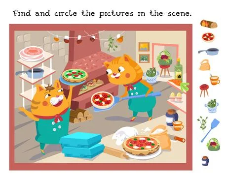 Find and circle hidden objects. Educational game for children. Cute pizzaiolo Illustrazione stock