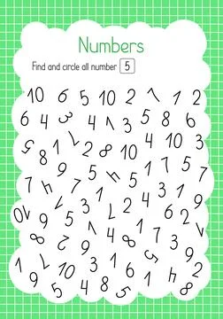 Find and circle number five simple educational activity for children, outline Stock Illustration