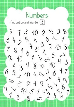 Find and circle number three simple educational activity for children, outline Stock Illustration