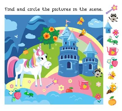 Find and circle the objects. Cute unicorn and landscape with castle and towers Stock Illustration
