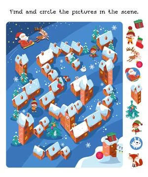 Find and circle objects. Educational game for children. Santa Claus flies over v Stock Illustration