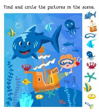 Find and circle objects. Educational game for children. Cute boy and ship under Illustrazione stock