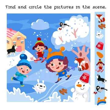 Find and circle objects. Educational game for children. Cute children and Ilustração Stock