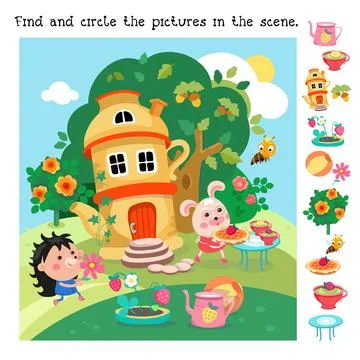 Find and circle objects. Educational game for children. Fairy tale ceramic Stock Illustration